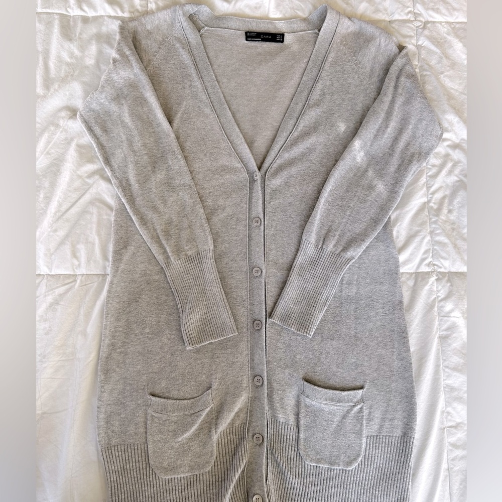 Women’s Long Grey Button-Up Cardigan by Zara